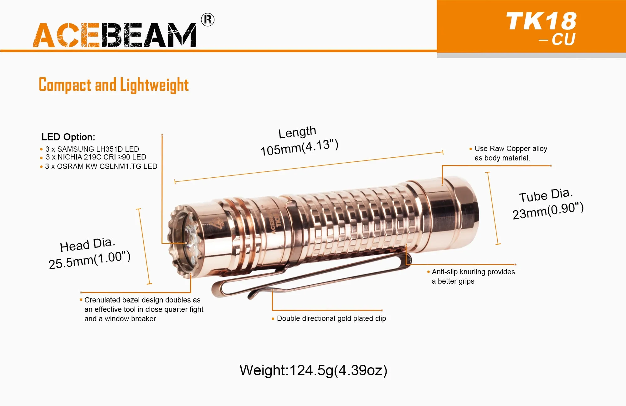 Acebeam TK18 Copper 1650 Lumen Flashlight 3 x NICHIA 219C LED