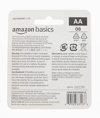 Amazon Basics 8 Pack AA High-Performance Alkaline Batteries, 10-Year Shelf Life, Easy to Open Value Pack,8 Count (Pack of 1)