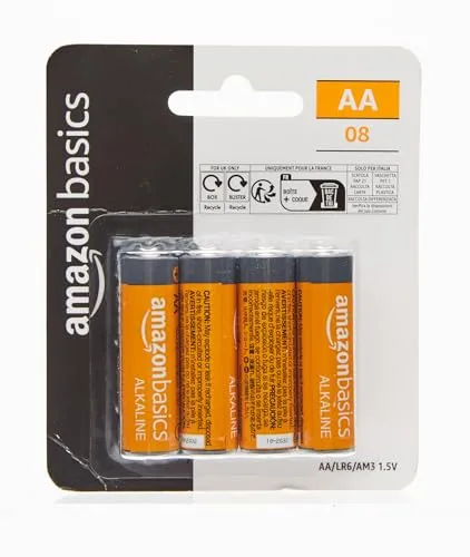 Amazon Basics 8 Pack AA High-Performance Alkaline Batteries, 10-Year Shelf Life, Easy to Open Value Pack,8 Count (Pack of 1)