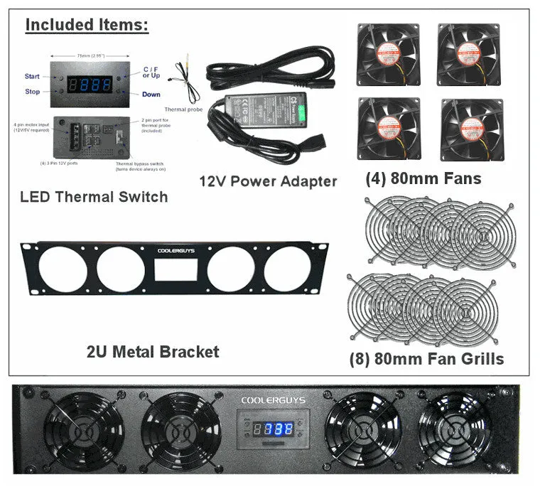 Coolerguys 2U Bracket with 4 High Speed Evercool 80mm fans/Programmable Fan Controller / 3A PSU