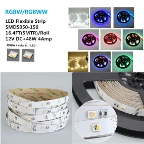 DC 12V RGBW/RGBWW LED Strip Light,  16.4FT/5M SMD5050-150, 30LEDs 9.6W per Meter 4in1 SMD5050 RGBW LED Light