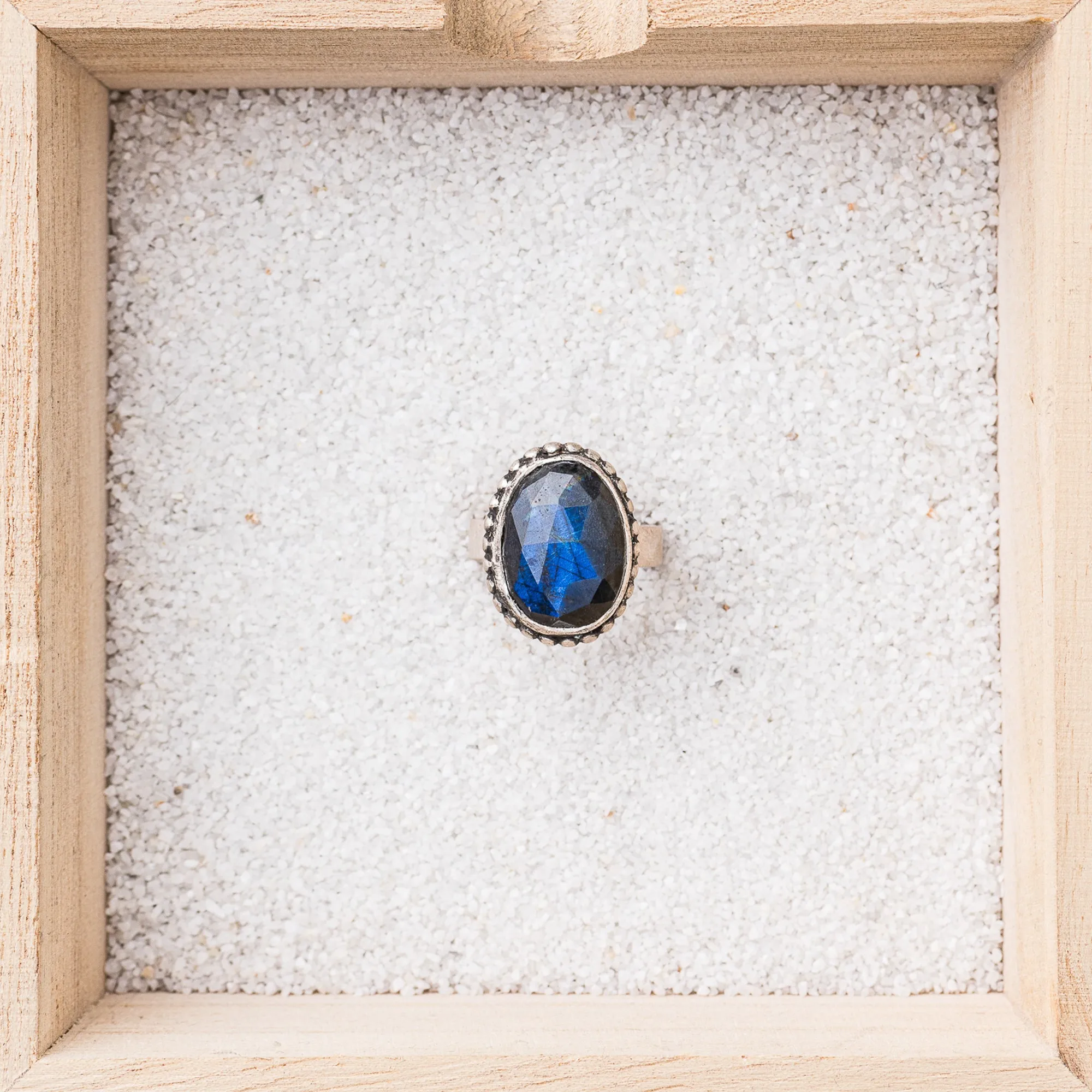 Deep Blue Labradorite Oval Ring with Beaded Bezel