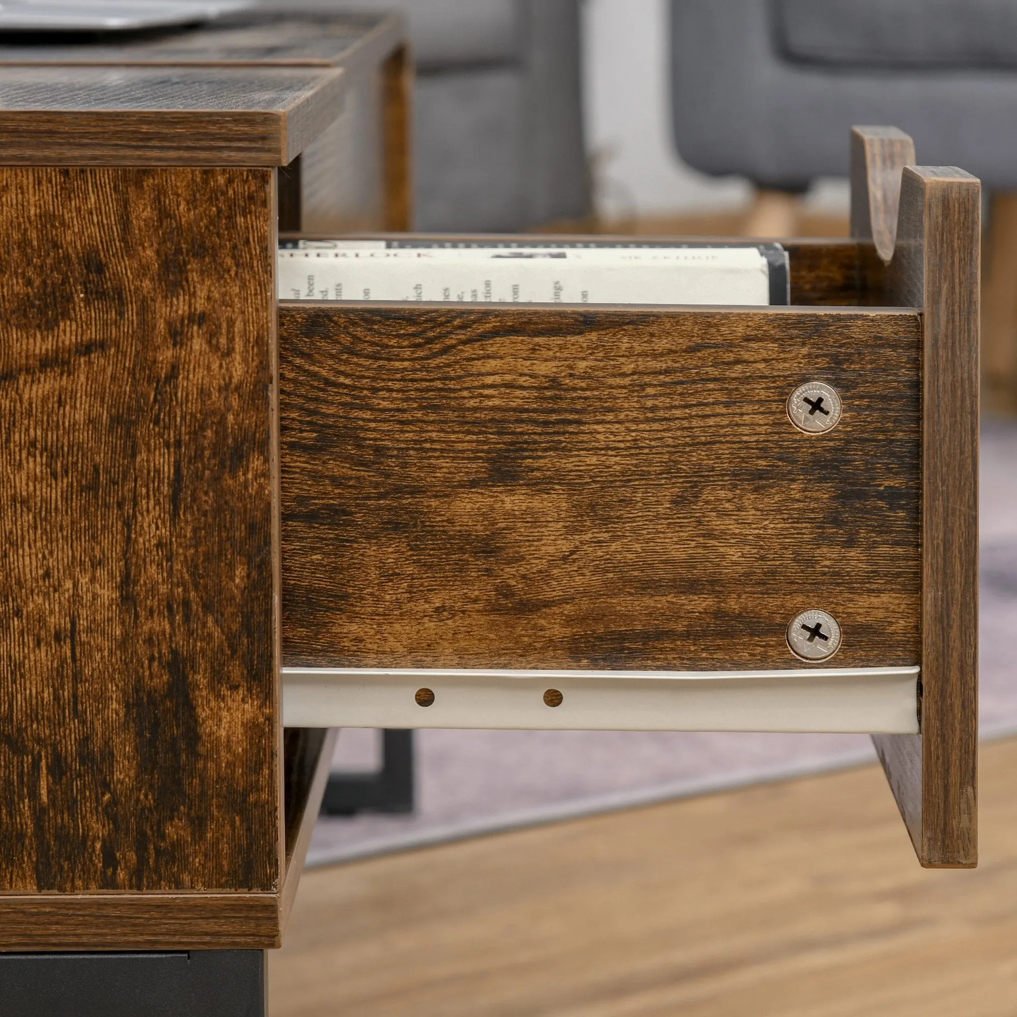 Extendible Coffee Table with Lift Top,  Functional Living Room Table with Hidden Storage Compartment, Drawer, Metal Frame for Home, 100 x 60 x 40 cm, Rustic w/ Top Drawer