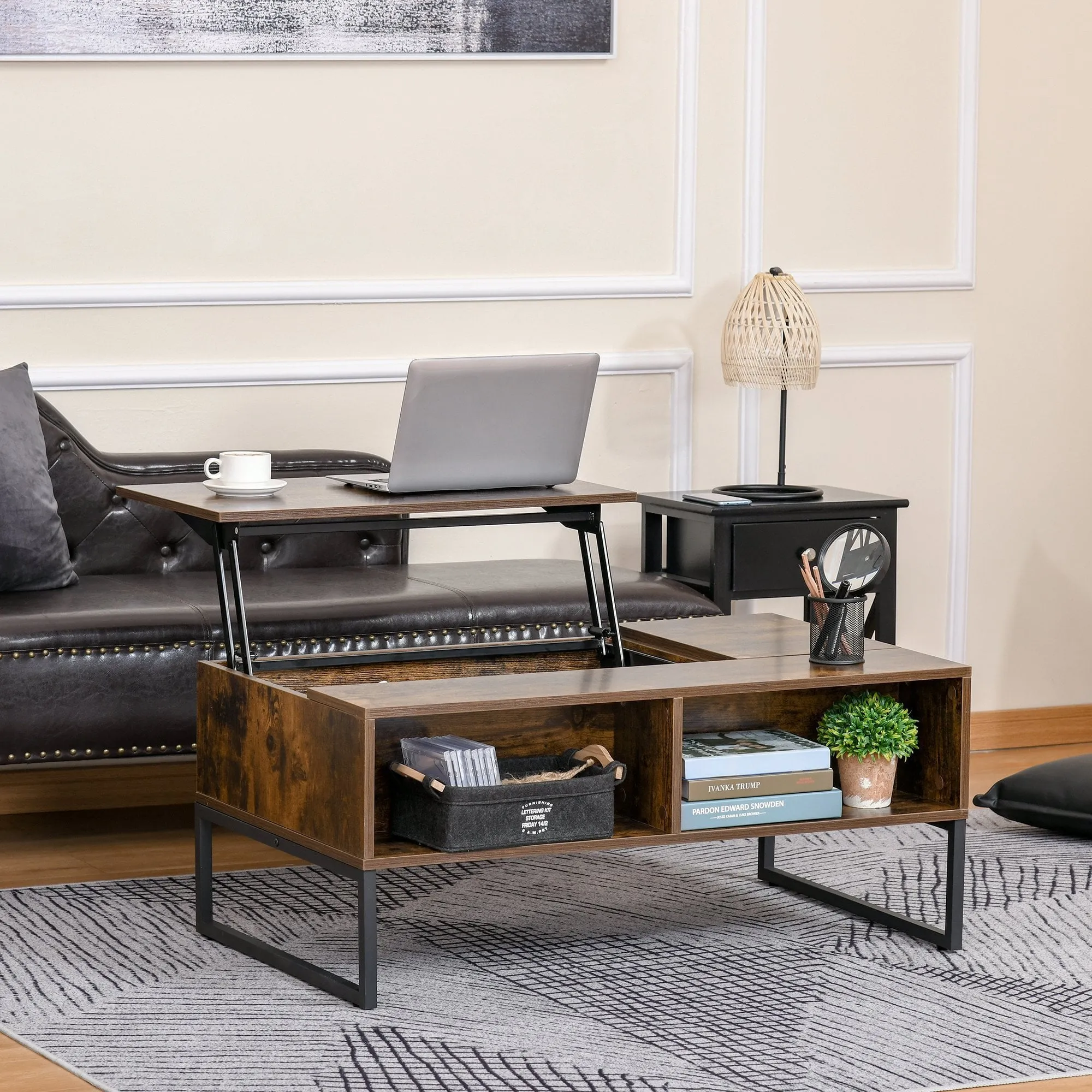 Extendible Coffee Table with Lift Top,  Functional Living Room Table with Hidden Storage Compartment, Drawer, Metal Frame for Home, 100 x 60 x 40 cm, Rustic w/ Top Drawer