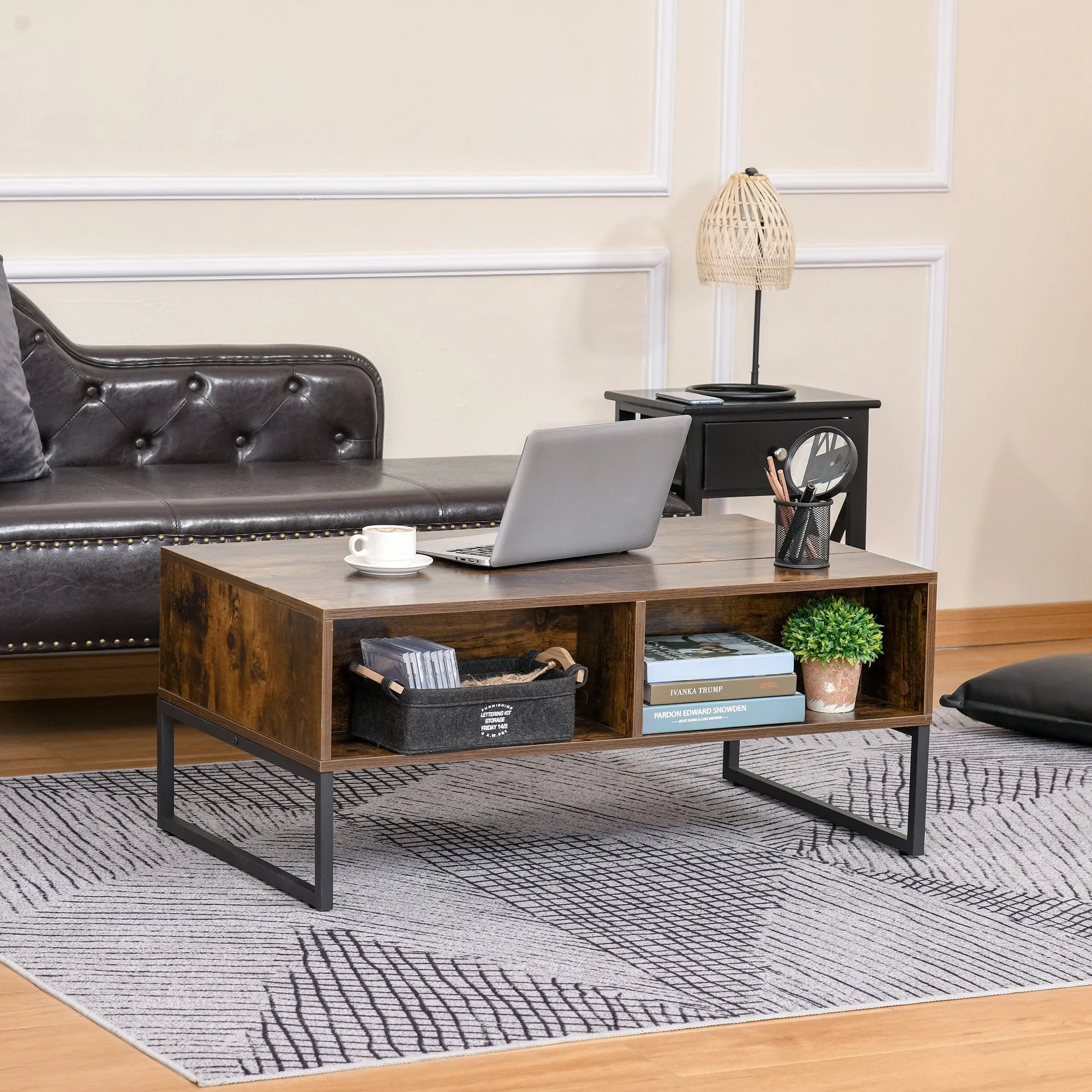 Extendible Coffee Table with Lift Top,  Functional Living Room Table with Hidden Storage Compartment, Drawer, Metal Frame for Home, 100 x 60 x 40 cm, Rustic w/ Top Drawer