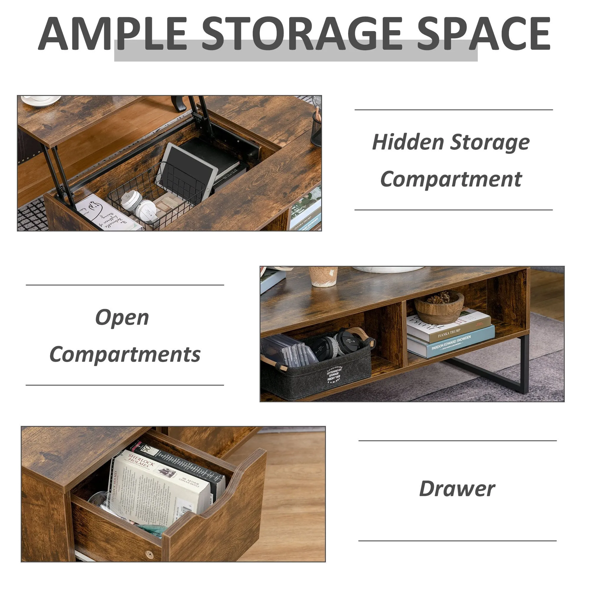 Extendible Coffee Table with Lift Top,  Functional Living Room Table with Hidden Storage Compartment, Drawer, Metal Frame for Home, 100 x 60 x 40 cm, Rustic w/ Top Drawer
