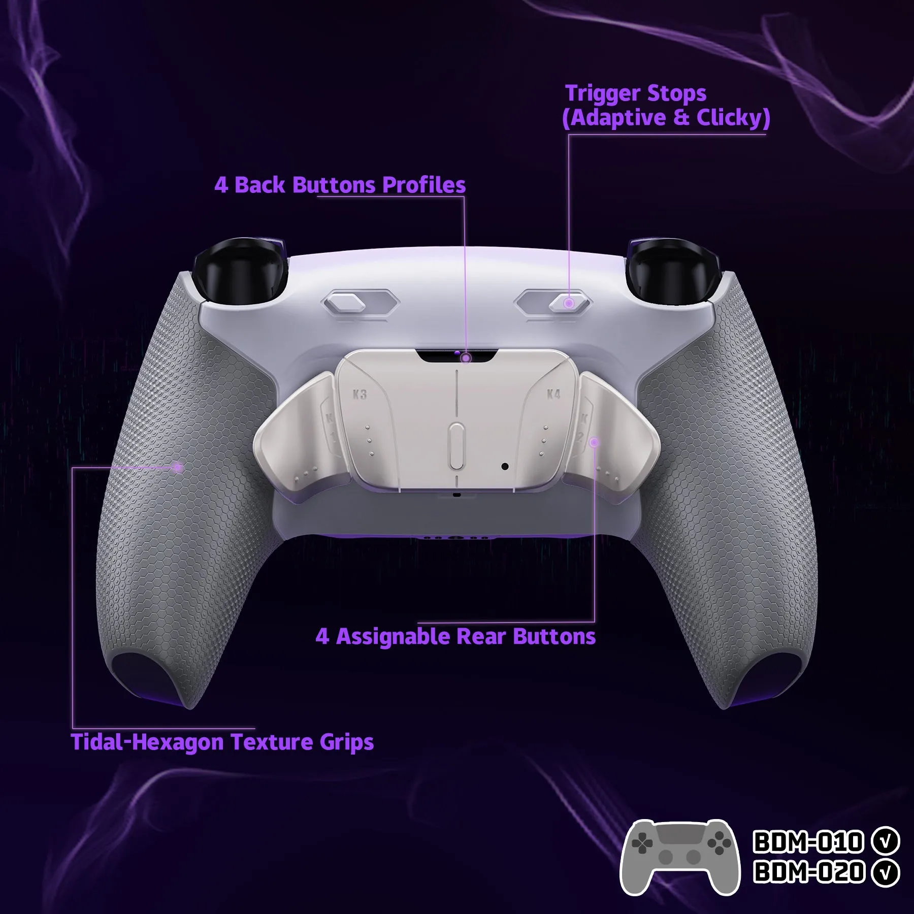 eXtremeRate Real Metal Buttons (RMB) Version RISE4 Plus MAX Back Paddles Kit with Clicky Trigger Stops & Rubberized Grip for PS5 Controller BDM-010/020 - White Gray - Silver