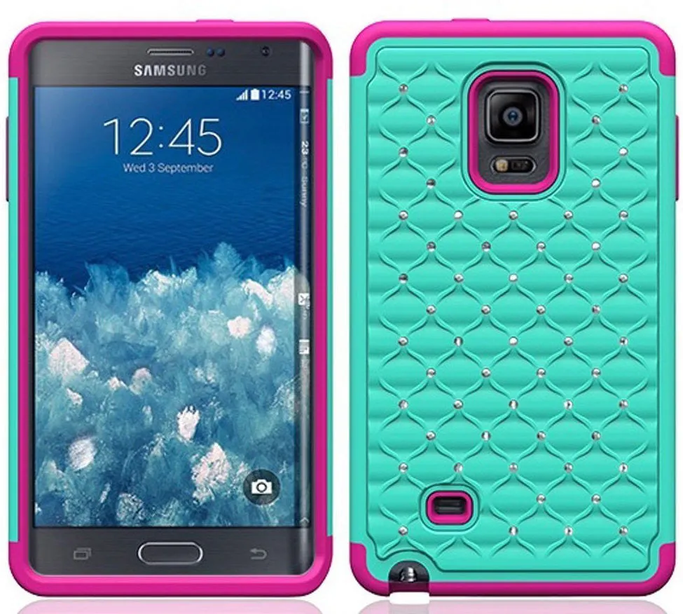 Galaxy Note Edge Case, Crystal Rhinestone Studded Hybrid Dual Layer Shock Resistant Case for Samsung Galaxy Note Edge - Teal/Hot Pink