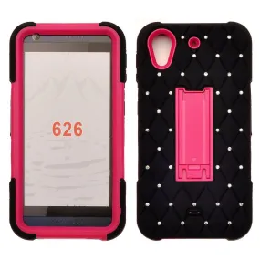 HTC Desire 626 Case, Heavy Duty Armor Diamond Rhinestone Hybrid Case with Kickstand for Desire 626 - Black/Hot Pink