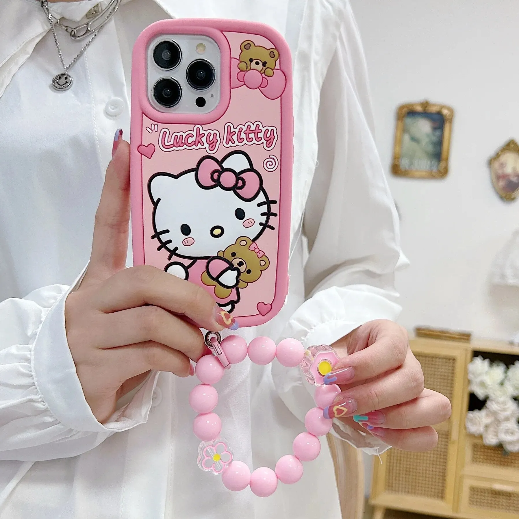 Kawaii Hello Kitty iPhone Case with Beads Bracelet
