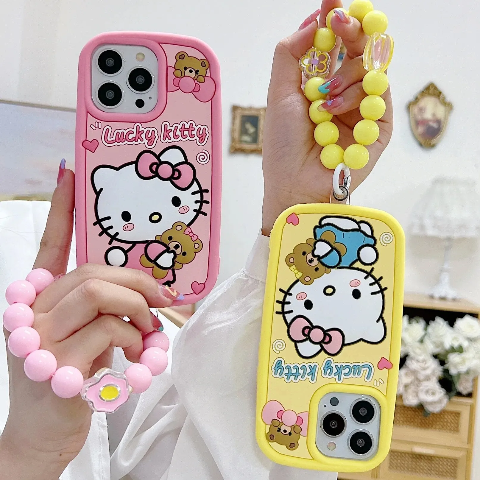 Kawaii Hello Kitty iPhone Case with Beads Bracelet
