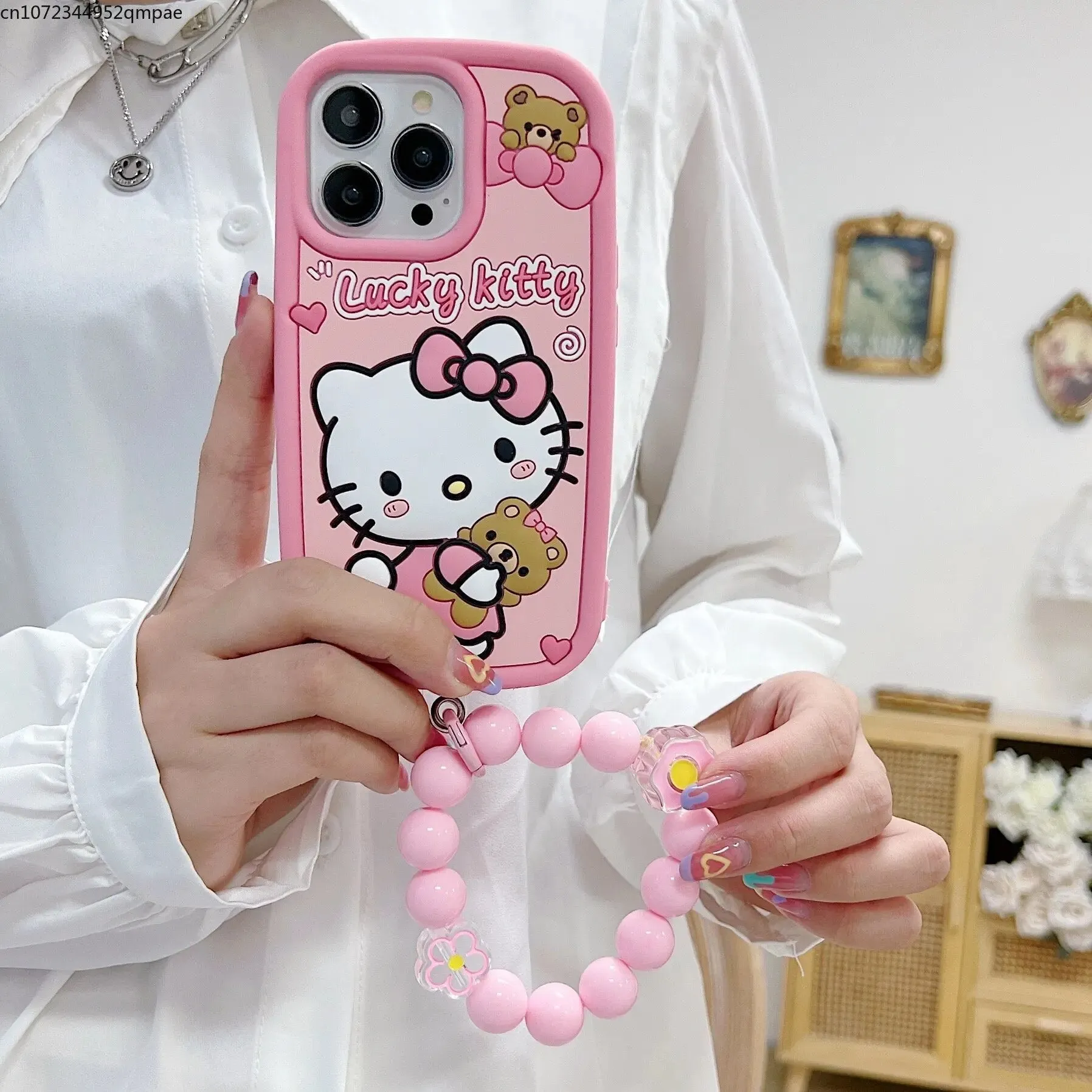 Kawaii Hello Kitty iPhone Case with Beads Bracelet
