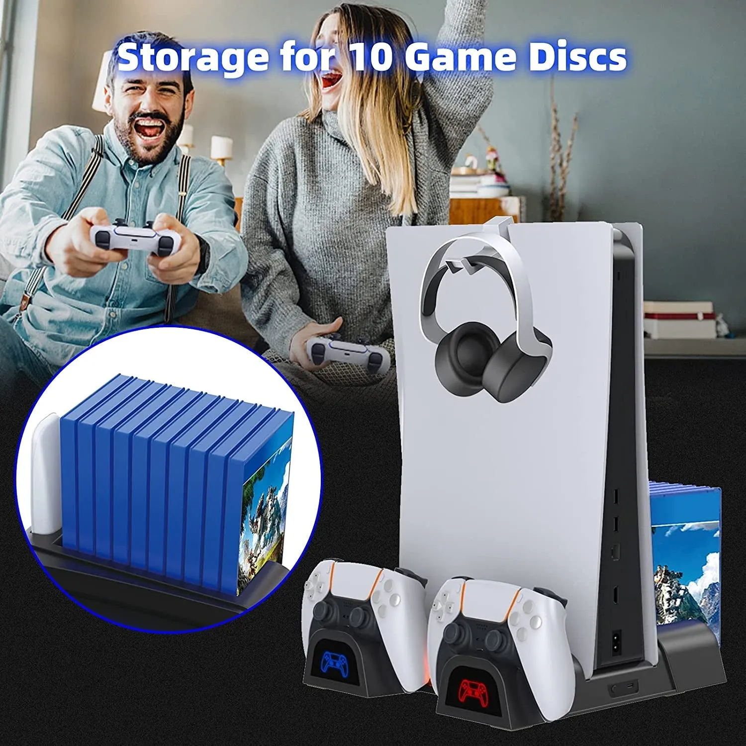 Nexigo PS5 Accessories Vertical Stand with Headset Holder and AC Adapter, for PS5 Disc & Digital Editions Dual Controllers Charger, 3 Levels Adjustable Fans Speed, 10 Game Rack Organizer, Black