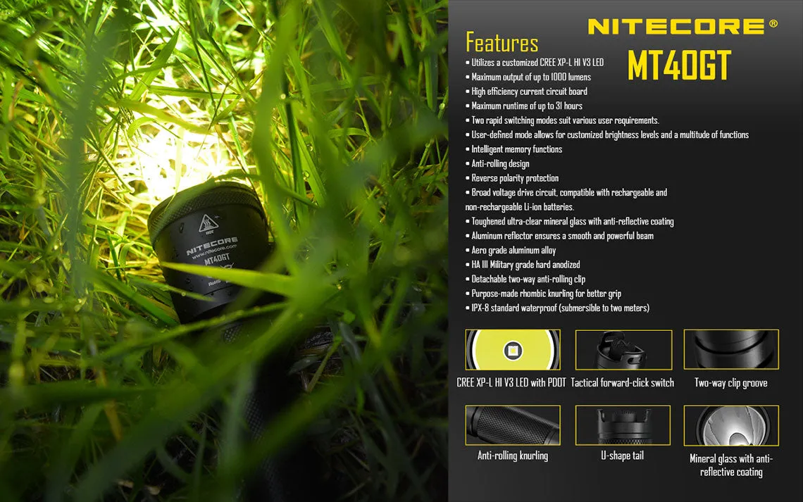 Nitecore MT40GT Cree XP-L HI V3 LED Flashlight - 1000 Lumens