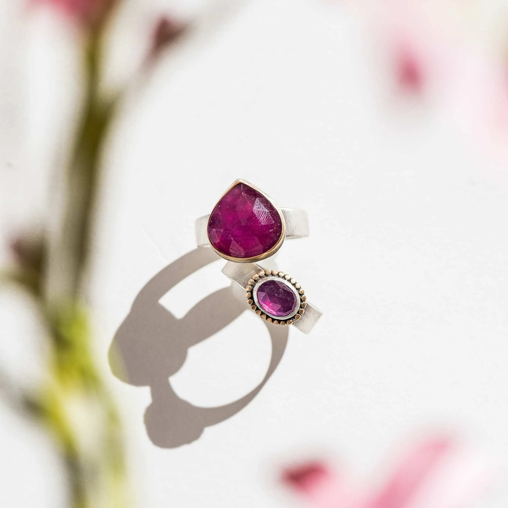 Pink Sapphire Pear Mixed Metal Ring on Tapered Band