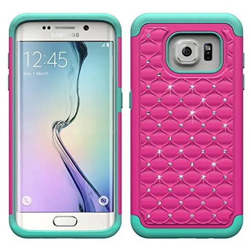 Samsung Galaxy S6 Edge Case, Crystal Rhinestone Slim Hybrid Dual Layer Case for Galaxy S6 Edge - HotPink/Teal