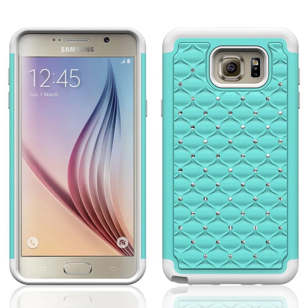 Samsung Galaxy S6 Edge Case, Crystal Rhinestone Slim Hybrid Dual Layer Case for Galaxy S6 Edge - Teal/White