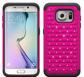 Samsung Galaxy S7 Edge Case, Crystal Rhinestone Studded Slim Hybrid Dual Layer Case for Galaxy S7 Edge - HotPink/Black