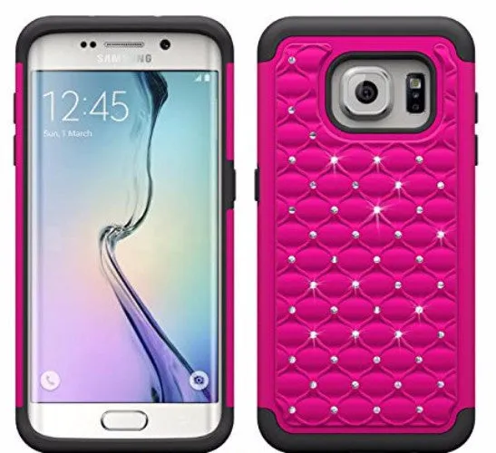 Samsung Galaxy S7 Edge Case, Crystal Rhinestone Studded Slim Hybrid Dual Layer Case for Galaxy S7 Edge - HotPink/Black