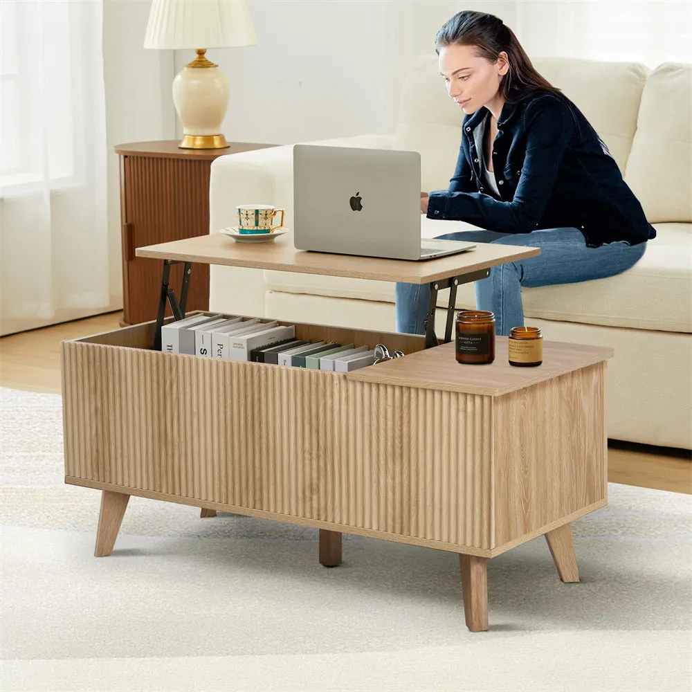 Wooden Fluted Lift Top Coffee Table with Hidden Compartment