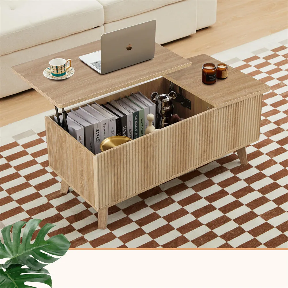 Wooden Fluted Lift Top Coffee Table with Hidden Compartment