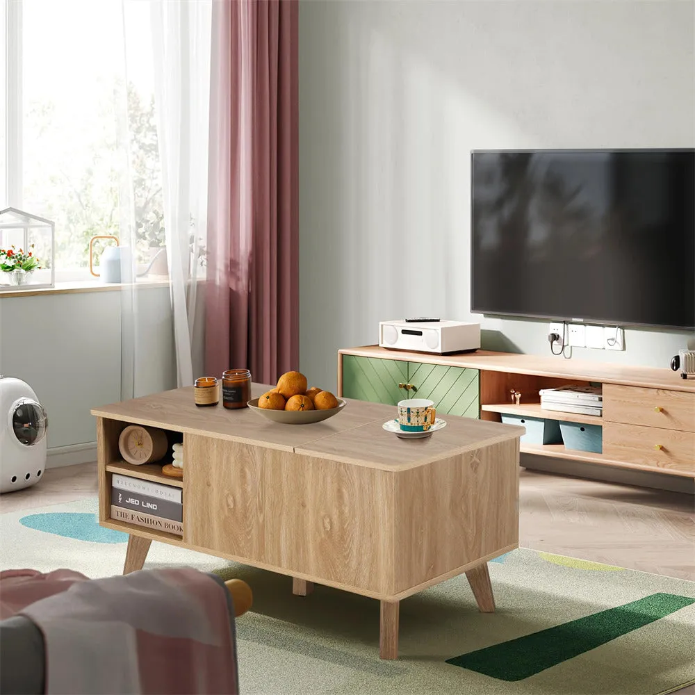 Wooden Fluted Lift Top Coffee Table with Hidden Compartment