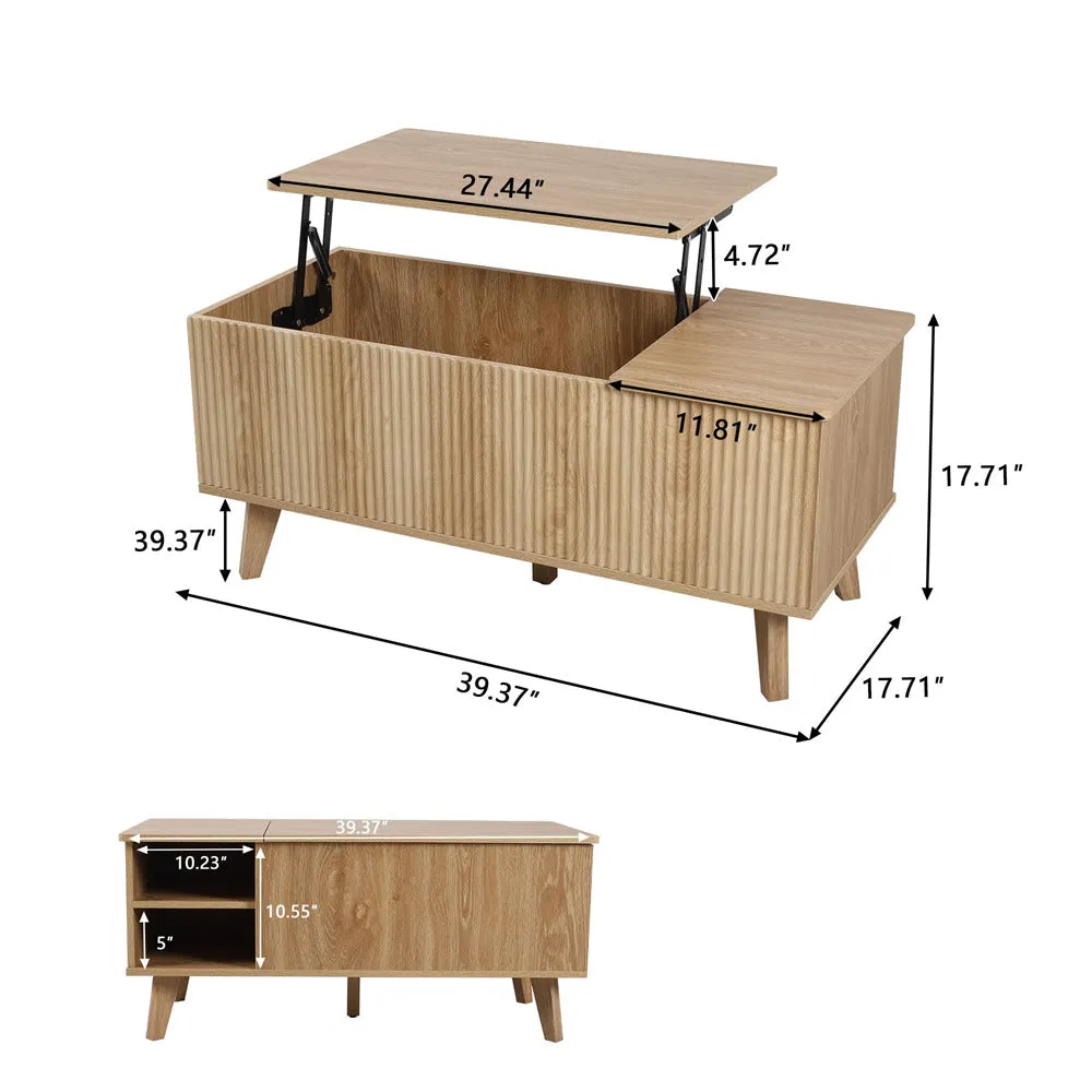Wooden Fluted Lift Top Coffee Table with Hidden Compartment