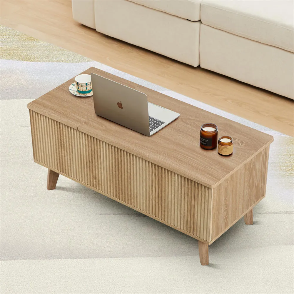 Wooden Fluted Lift Top Coffee Table with Hidden Compartment