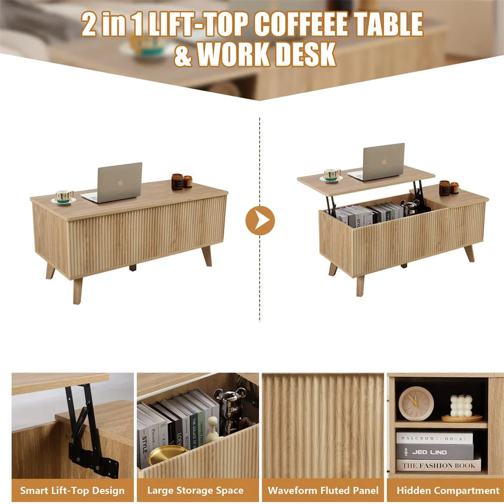 Wooden Fluted Lift Top Coffee Table with Hidden Compartment