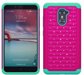 ZTE Grand X Max 2 Case | Imperial Max/Max Duo Diamond Rhinestone Dual Layer Hybrid Case for ZTE Grand X Max 2/Imperial Max/Max Duo LTE - Hot Pink/Teal