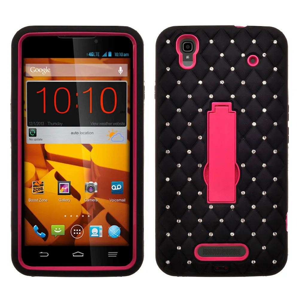 ZTE Max | N9520 | Boost Max Case, Heavy Duty Armor Diamond Rhinestone Hybrid Case with Kickstand - Black/Hot Pink
