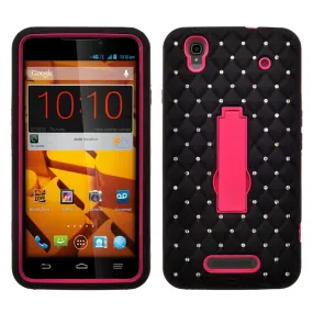 ZTE Max | N9520 | Boost Max Case, Heavy Duty Armor Diamond Rhinestone Hybrid Case with Kickstand - Black/Hot Pink