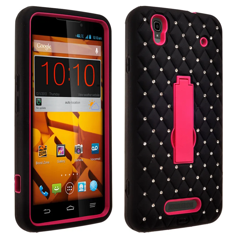 ZTE Max | N9520 | Boost Max Case, Heavy Duty Armor Diamond Rhinestone Hybrid Case with Kickstand - Black/Hot Pink