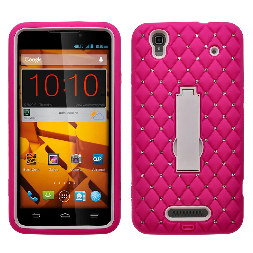 ZTE Max | N9520 | Boost Max Case, Heavy Duty Armor Diamond Rhinestone Hybrid Case with Kickstand - Hot Pink/White