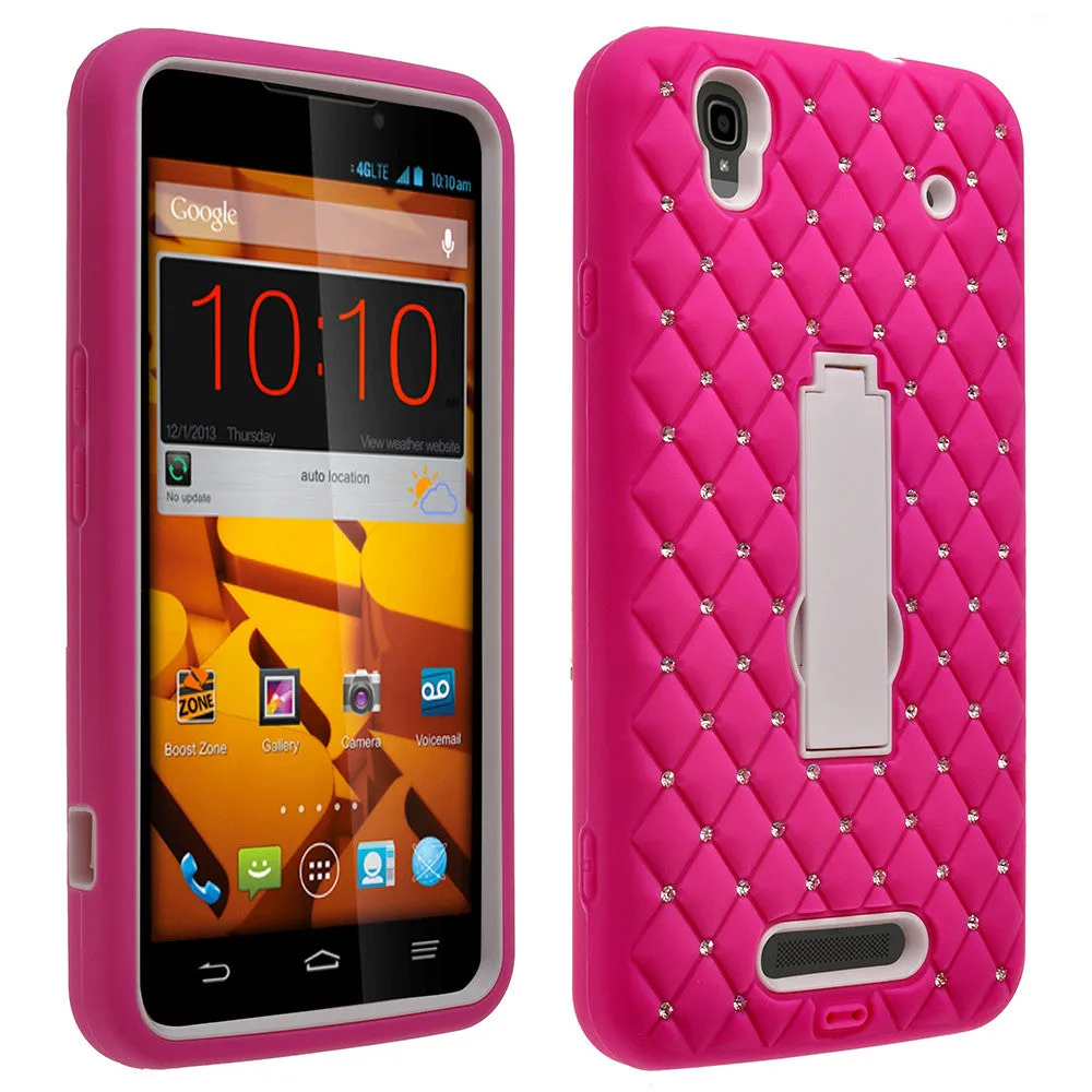 ZTE Max | N9520 | Boost Max Case, Heavy Duty Armor Diamond Rhinestone Hybrid Case with Kickstand - Hot Pink/White