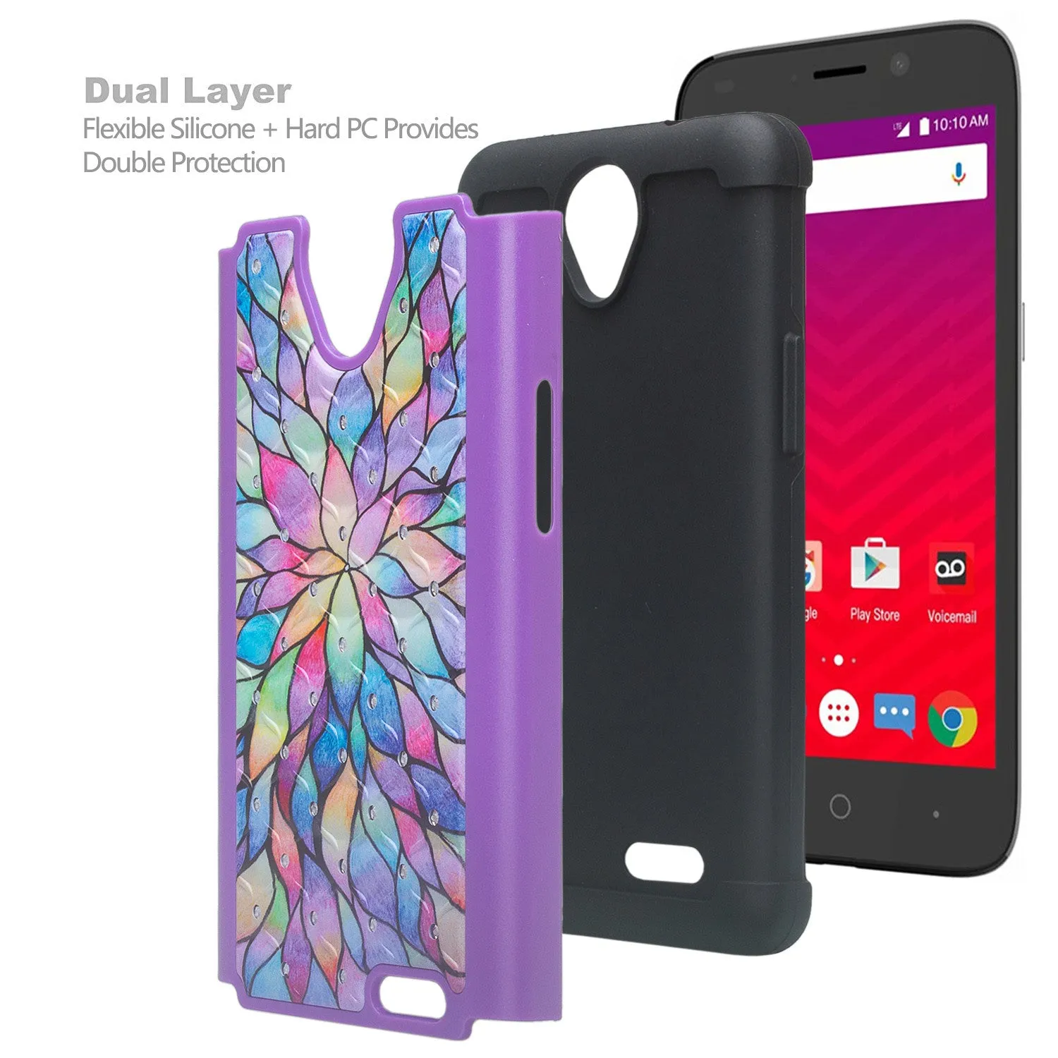 ZTE Prestige 2, Overture 3, Maven 3, Prelude Plus, ZTE N9136, Midnight Pro, Crystal Rhinestone Studded Shockproof Hybrid Dual Layer Case Cover - Rainbow Flower
