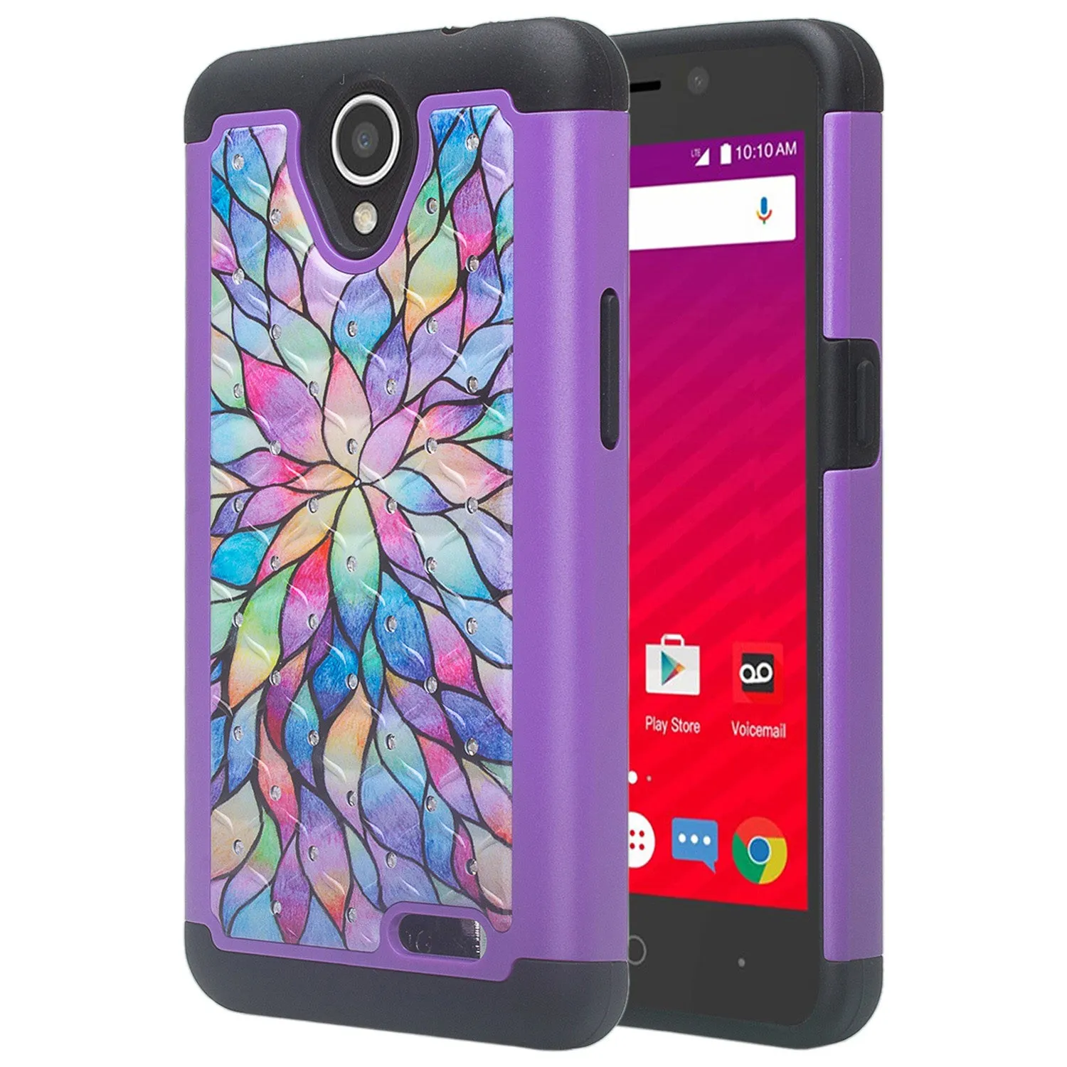 ZTE Prestige 2, Overture 3, Maven 3, Prelude Plus, ZTE N9136, Midnight Pro, Crystal Rhinestone Studded Shockproof Hybrid Dual Layer Case Cover - Rainbow Flower