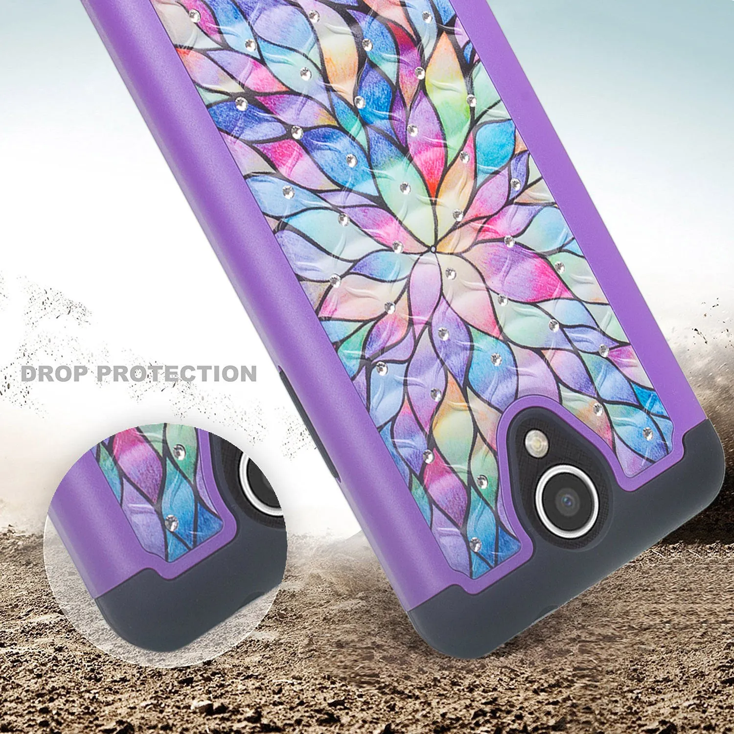 ZTE Prestige 2, Overture 3, Maven 3, Prelude Plus, ZTE N9136, Midnight Pro, Crystal Rhinestone Studded Shockproof Hybrid Dual Layer Case Cover - Rainbow Flower